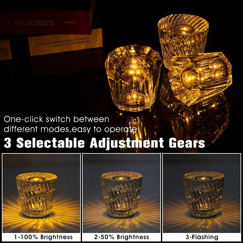 Crystal LED Table Lamp USB Brightness Adjustment Diamond LED Night Light Bedside Table Restaurant Bar Rechargeable Romantic Lamp