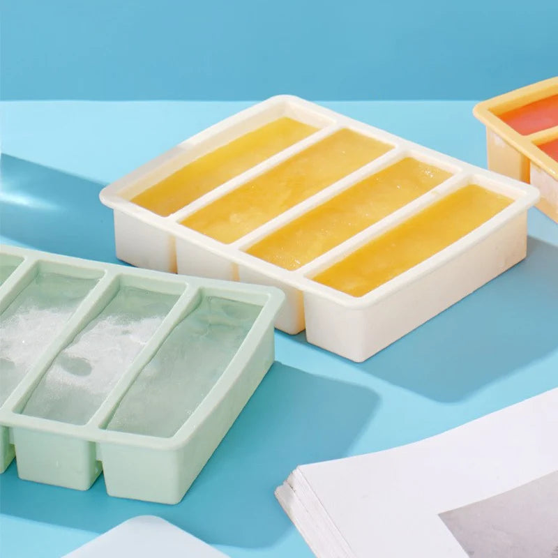 Silicone Ice Cube Tray 4 Grid Large Strip With Lid Easy Release Ice Mold Home Useful Ice Mold for Whiskey Long Square Ice Maker