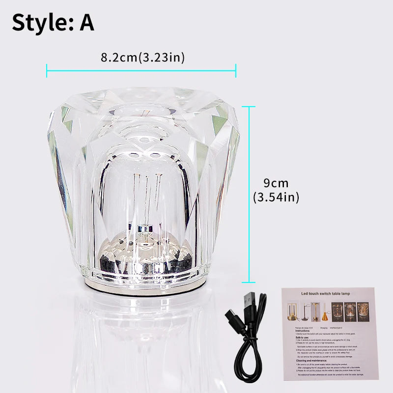 Crystal LED Table Lamp USB Brightness Adjustment Diamond LED Night Light Bedside Table Restaurant Bar Rechargeable Romantic Lamp