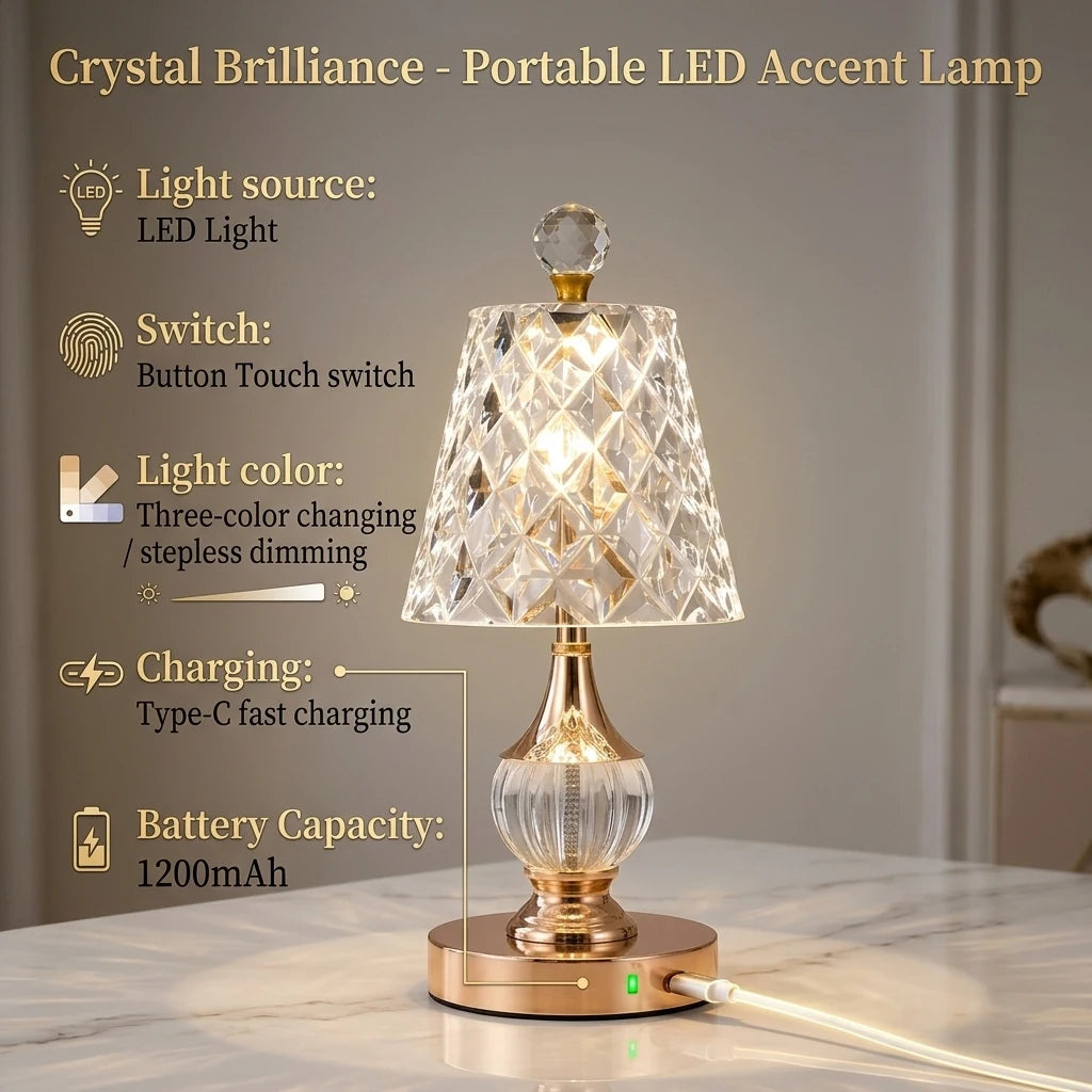 Luxury Crystal Desk Lamp Home Decor LED Table Light Rechargeable Bedside Light Reading Lamp