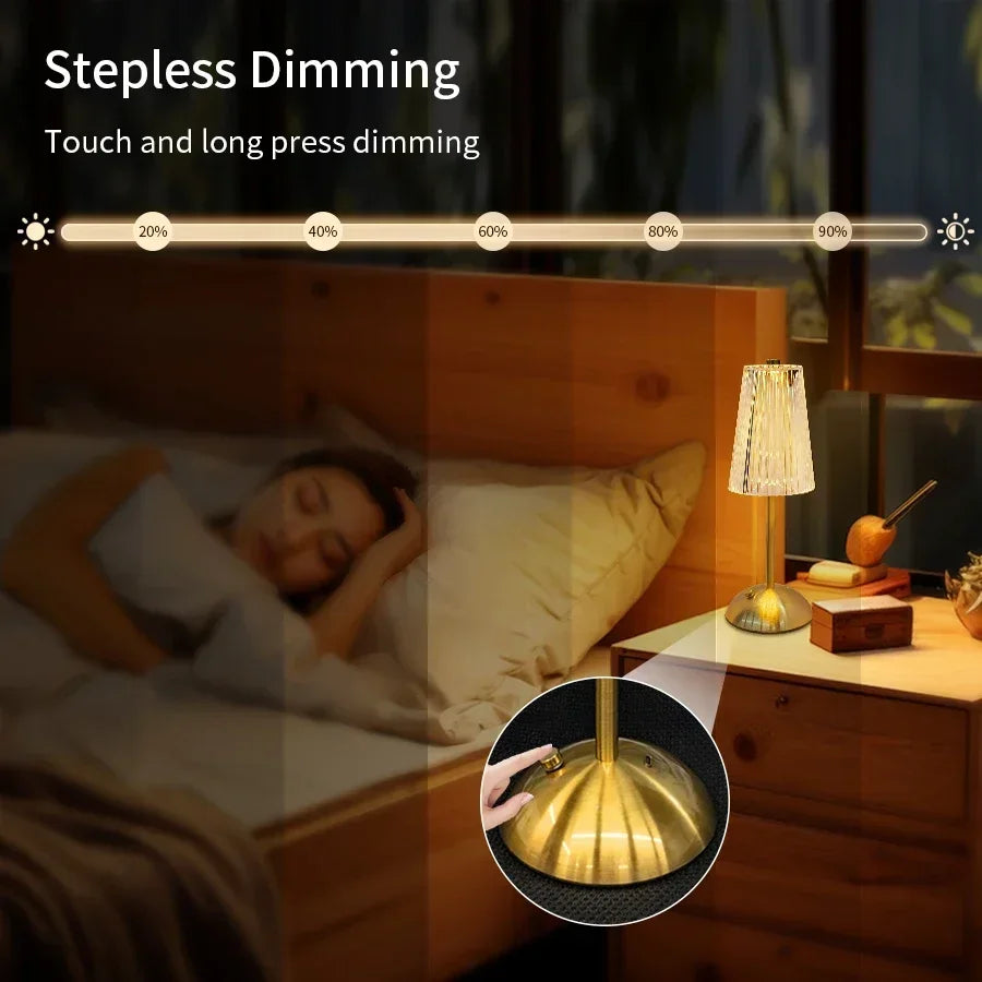 Crystal LED Table Decor Light Touch Sensor Desktop Night Light Rechargeable Reading Lamp for Bedroom Bedside Hotel Bar Decor