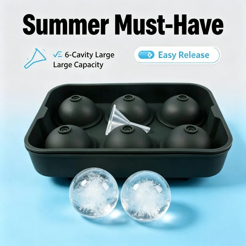 6 Cavity Ice Ball Mold Food Grade Silicone BPA Free Leakproof Easy Release Large Sphere Ice Tray with Lid for Whiskey Cocktails