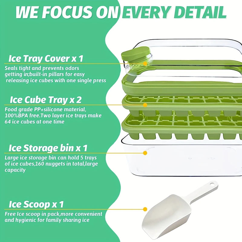 32Grid Silicone Mold Ice Cube Tray with Lid Shovel Storage Box Remove With One Click Ice Maker DIY Whiskey Cocktail Tools Summer