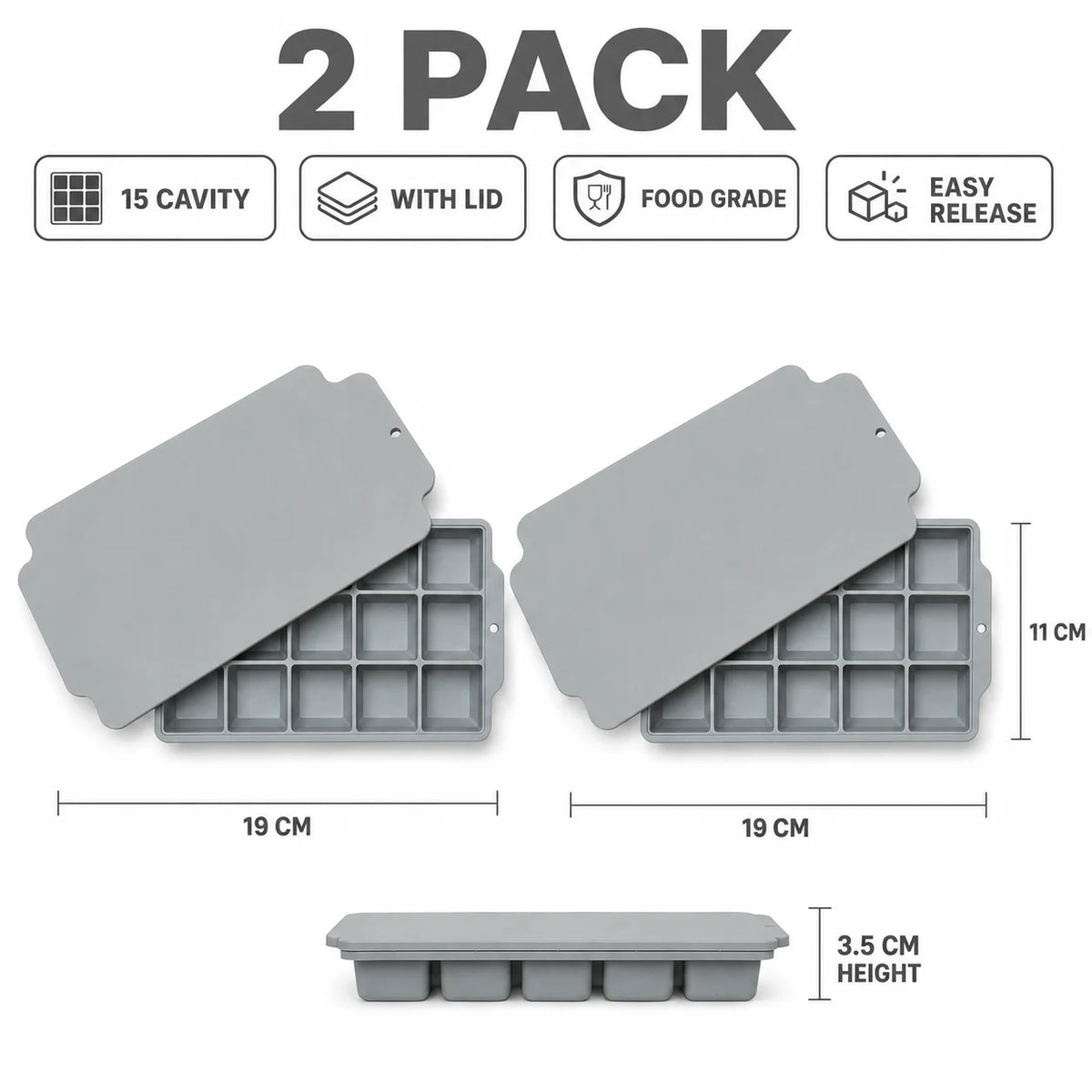 15-Grid Silicone Ice Cube Tray with Lid Large Square Ice Mold for Whiskey Cocktails Reusable Easy Release Ice Maker