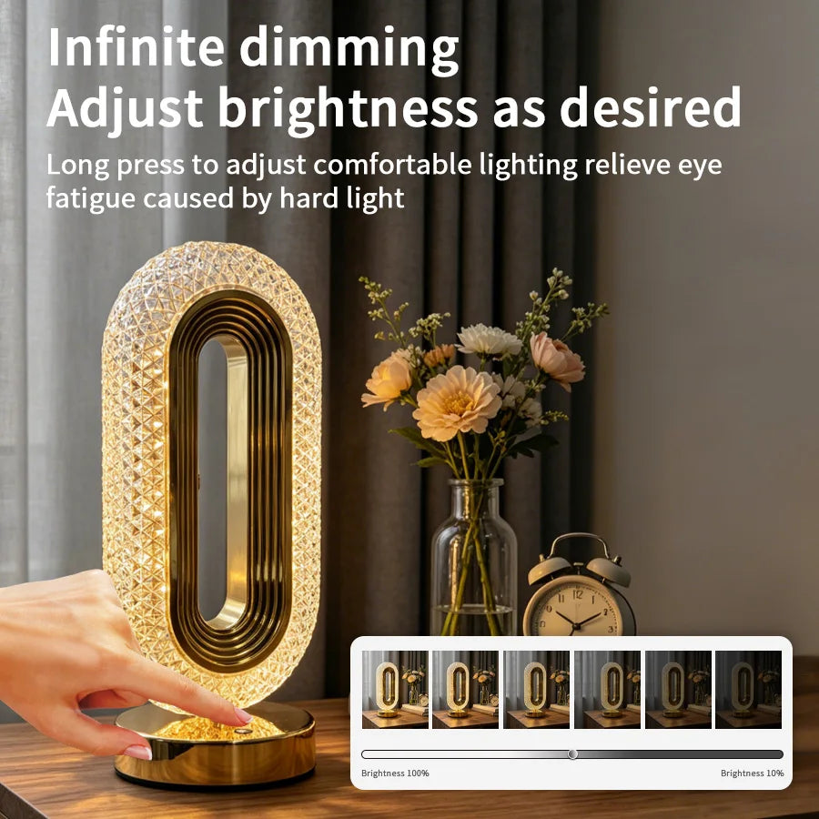 Rechargeable LED Crystal Table Lamp Touch Dimmable Bedside Lamp Night Light USB 3 Color Temperatures Ambient Light Home Decor