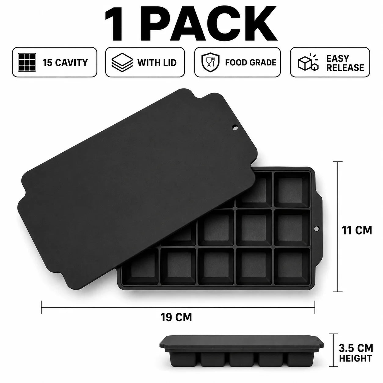 15-Grid Silicone Ice Cube Tray with Lid Large Square Ice Mold for Whiskey Cocktails Reusable Easy Release Ice Maker