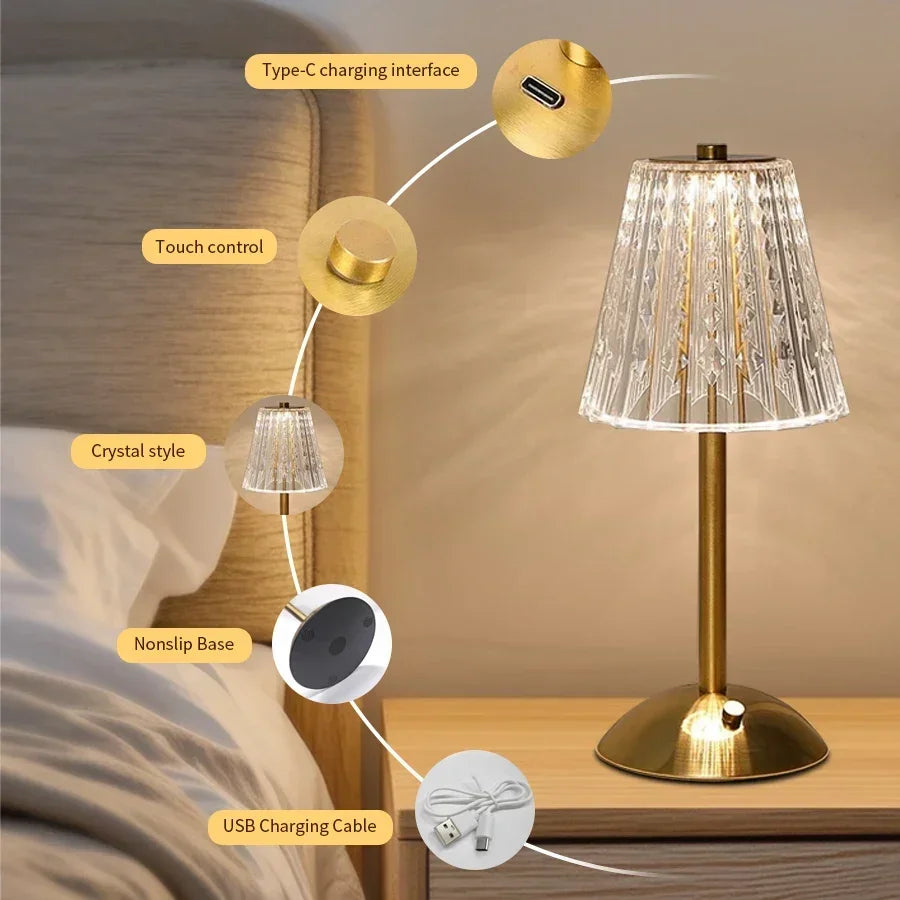 Crystal LED Table Decor Light Touch Sensor Desktop Night Light Rechargeable Reading Lamp for Bedroom Bedside Hotel Bar Decor
