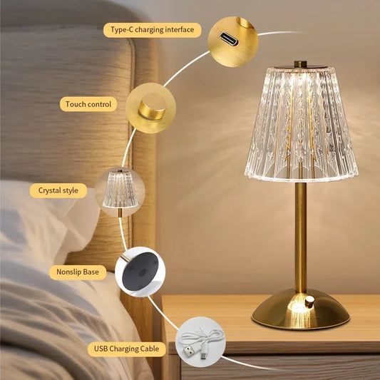 Crystal LED Table Decor Light Touch Sensor Desktop Night Light Rechargeable Reading Lamp for Bedroom Bedside Hotel Bar Decor
