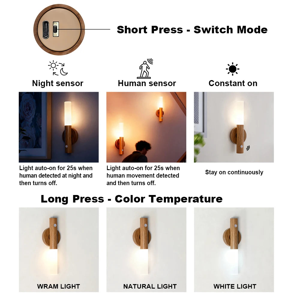 Smart Motion Sensor Night Light Magnetic LED Wall Lamp LED Rechargeable Bedroom Stairs Bathroom Kitchen Cabinet Light Lamp