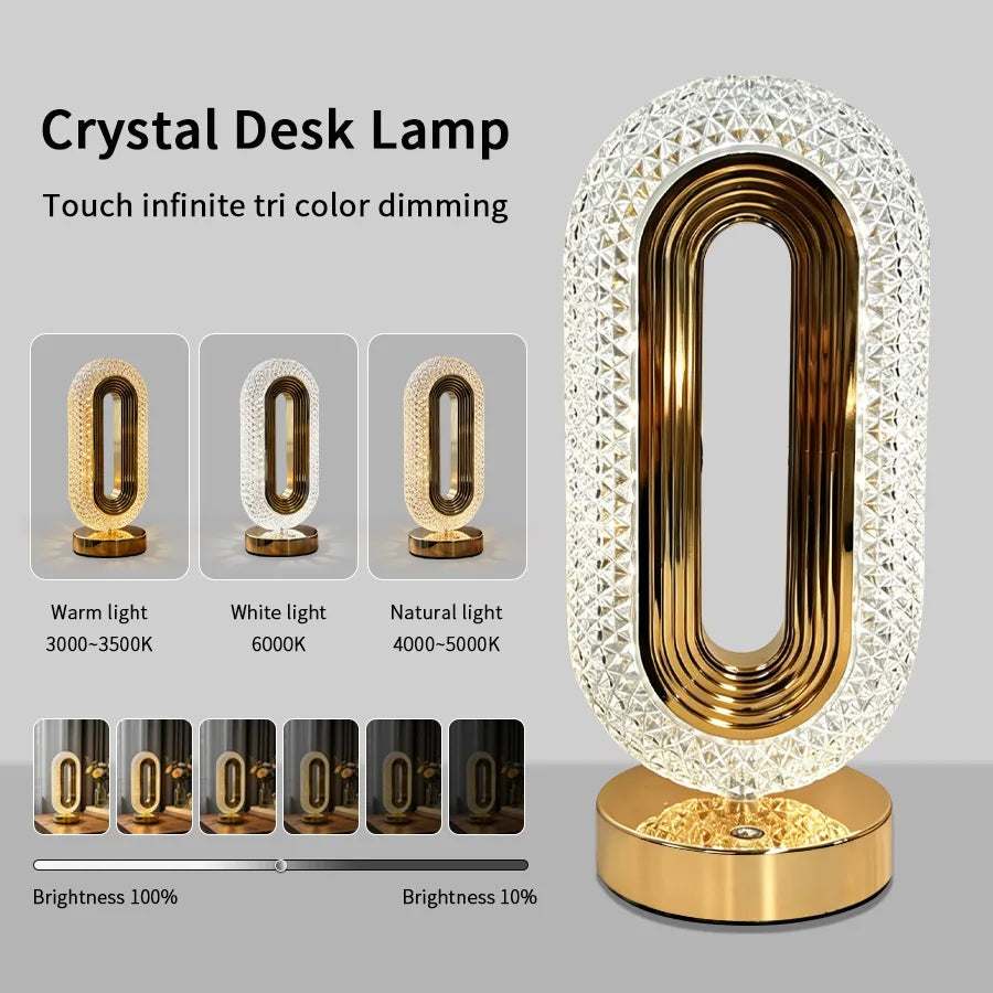 Rechargeable LED Crystal Table Lamp Touch Dimmable Bedside Lamp Night Light USB 3 Color Temperatures Ambient Light Home Decor