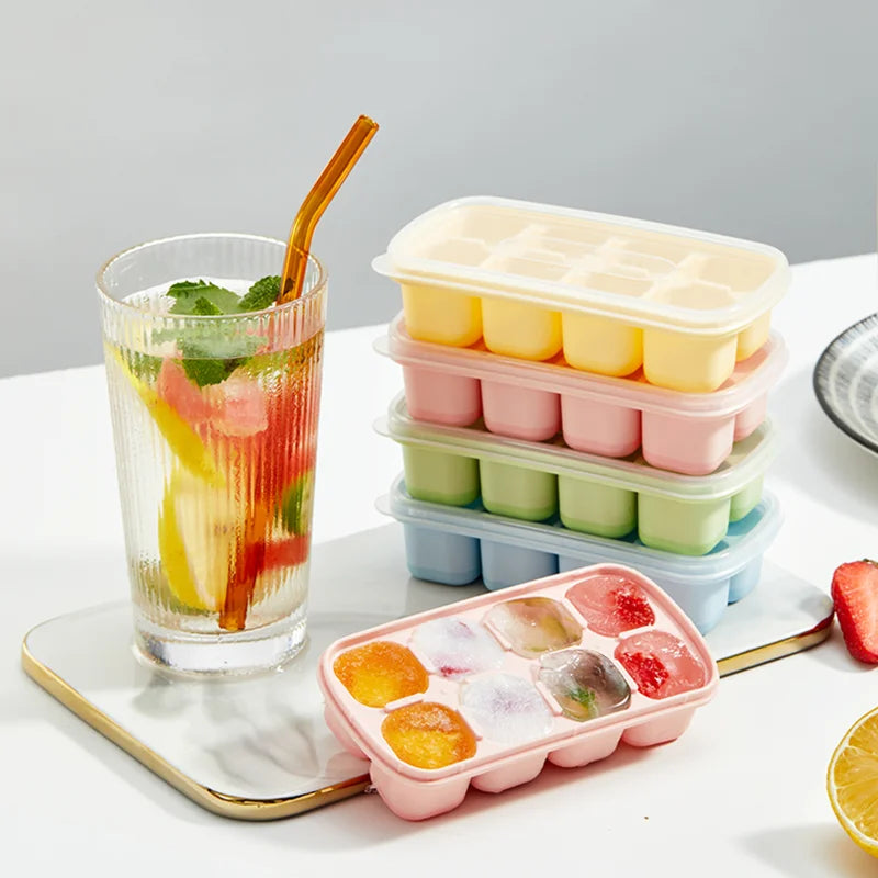 1PC 8 Grids Silicone Ice Cube Tray With Lid Reusable Ice Mold Kitchen Bar Tools Square Ice Cube Mould For Whisky Cold Drink